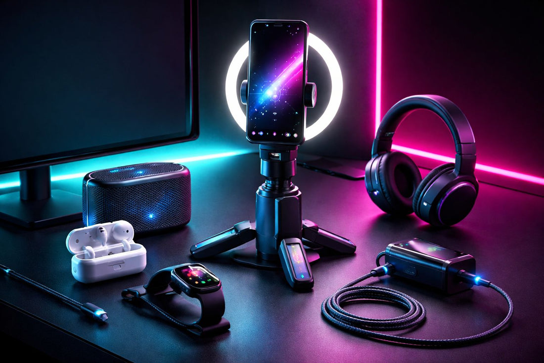 Best budget tech gadgets setup with auto tracking tripod and accessories in neon lighting