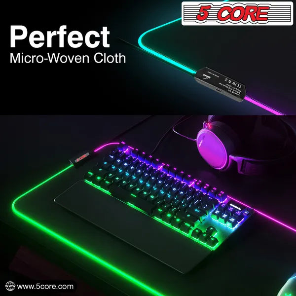 Gaming setup with keyboard, mouse pad, and headphones on a dark surface, featuring 5 Core branding.