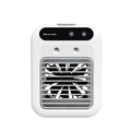White mini air cooler with black display on a white background