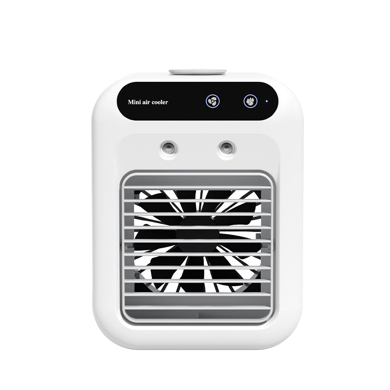 White mini air cooler with black display on a white background
