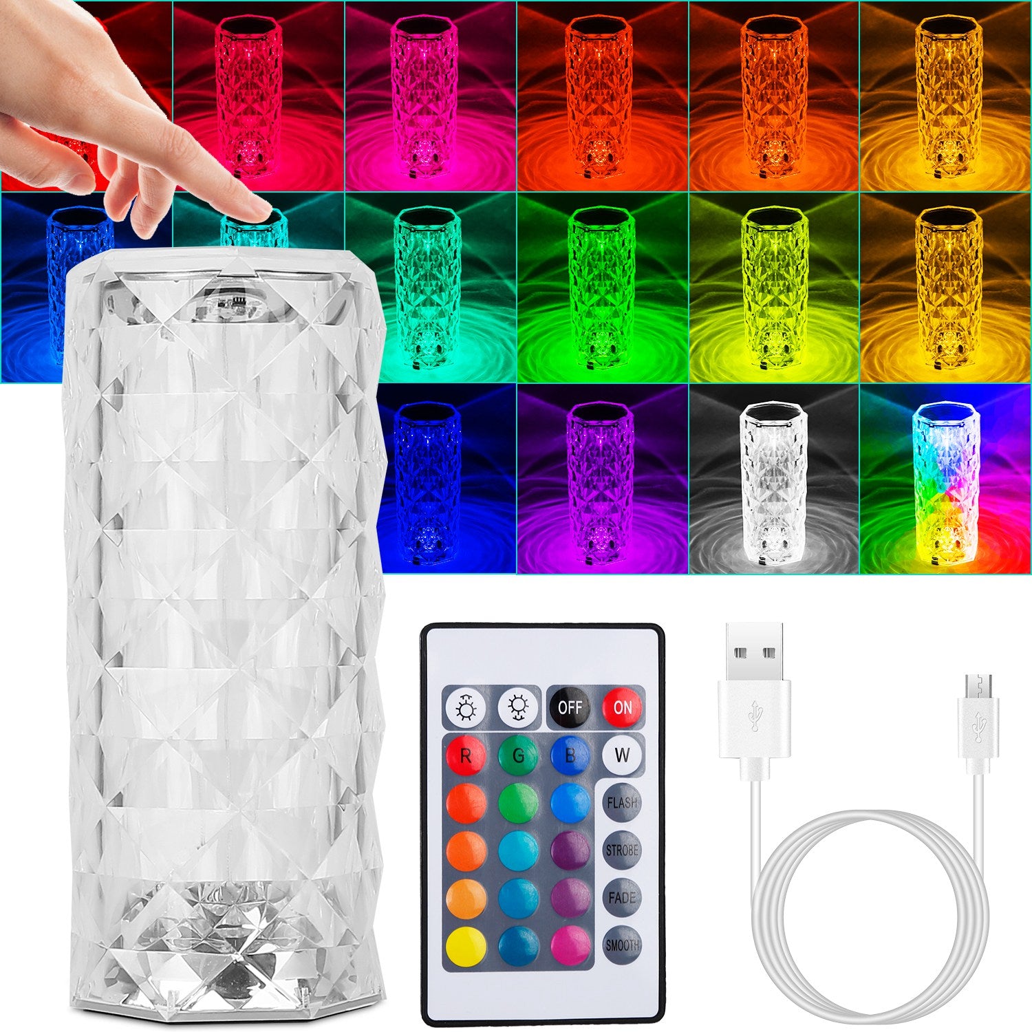 Crystal Diamond Table Lamp | 16-Color RGB | Touch & Remote Control | Rechargeable