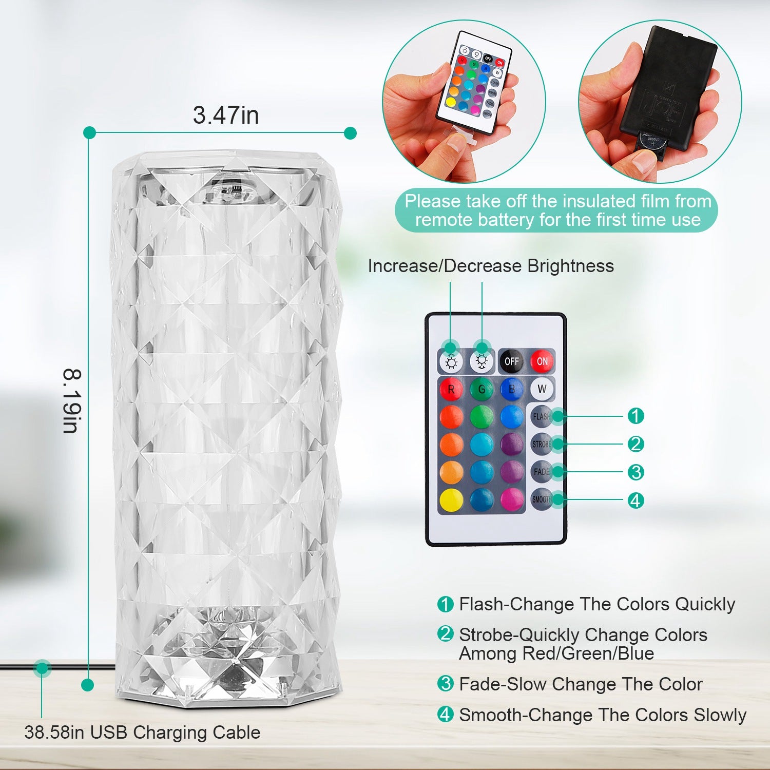 Crystal Diamond Table Lamp | 16-Color RGB | Touch & Remote Control | Rechargeable