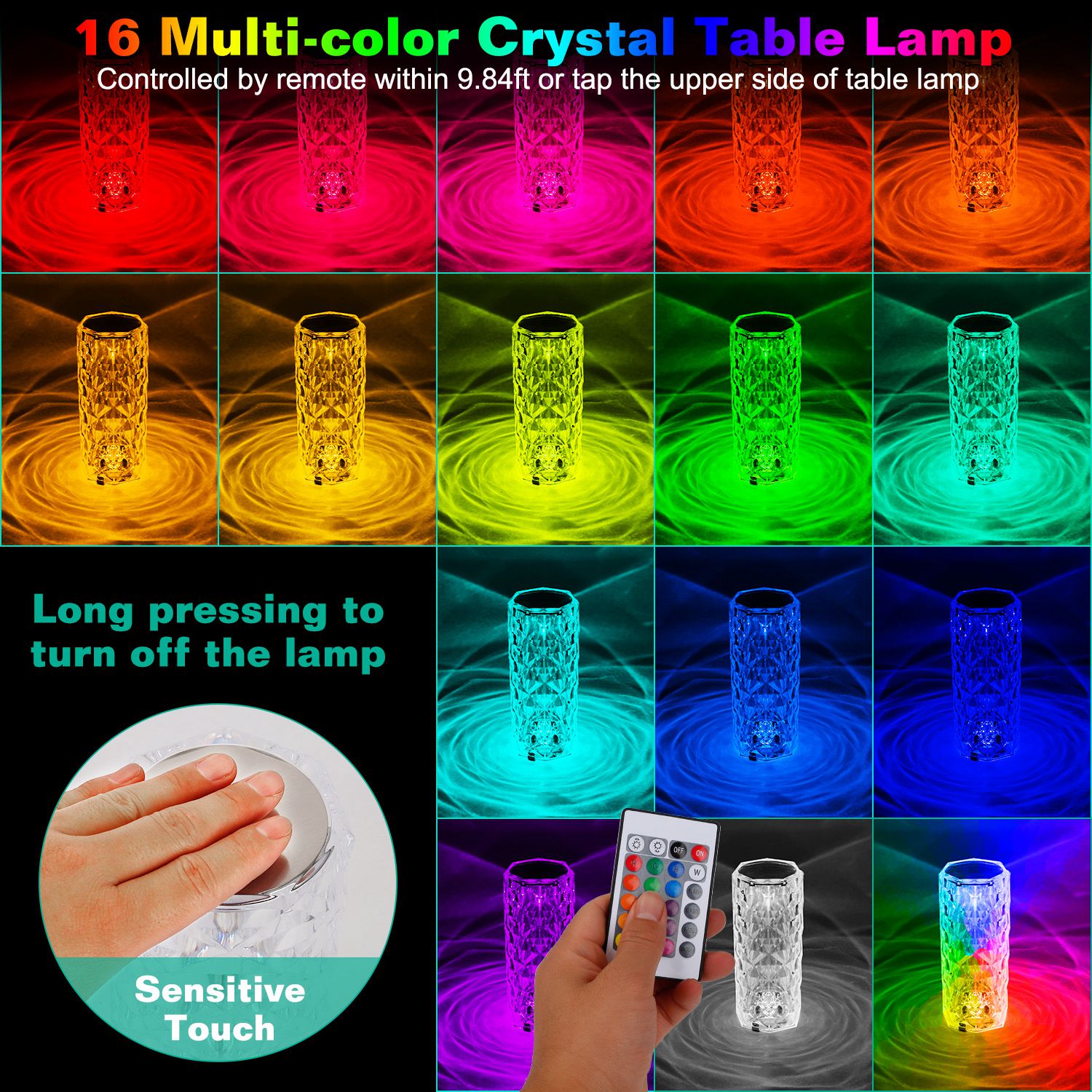 Crystal Diamond Table Lamp | 16-Color RGB | Touch & Remote Control | Rechargeable