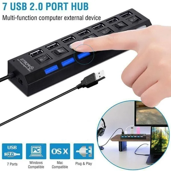 7-Port USB Hub | USB 2.0 & 3.0 | High-Speed Splitter for PC, Mac & Laptop
