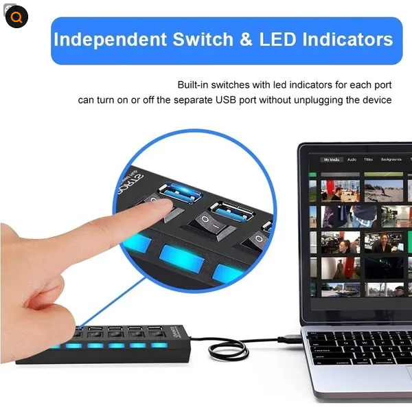 7-Port USB Hub | USB 2.0 & 3.0 | High-Speed Splitter for PC, Mac & Laptop