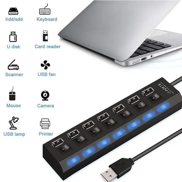 7-Port USB Hub | USB 2.0 & 3.0 | High-Speed Splitter for PC, Mac & Laptop