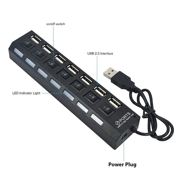 7-Port USB Hub | USB 2.0 & 3.0 | High-Speed Splitter for PC, Mac & Laptop