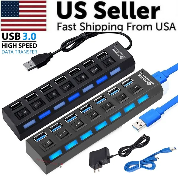 7-Port USB Hub | USB 2.0 & 3.0 | High-Speed Splitter for PC, Mac & Laptop