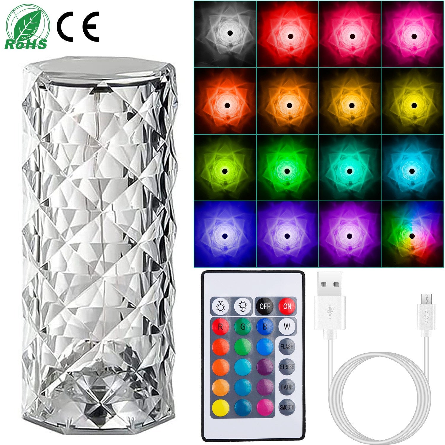 Crystal Diamond Table Lamp | 16-Color RGB | Touch & Remote Control | Rechargeable