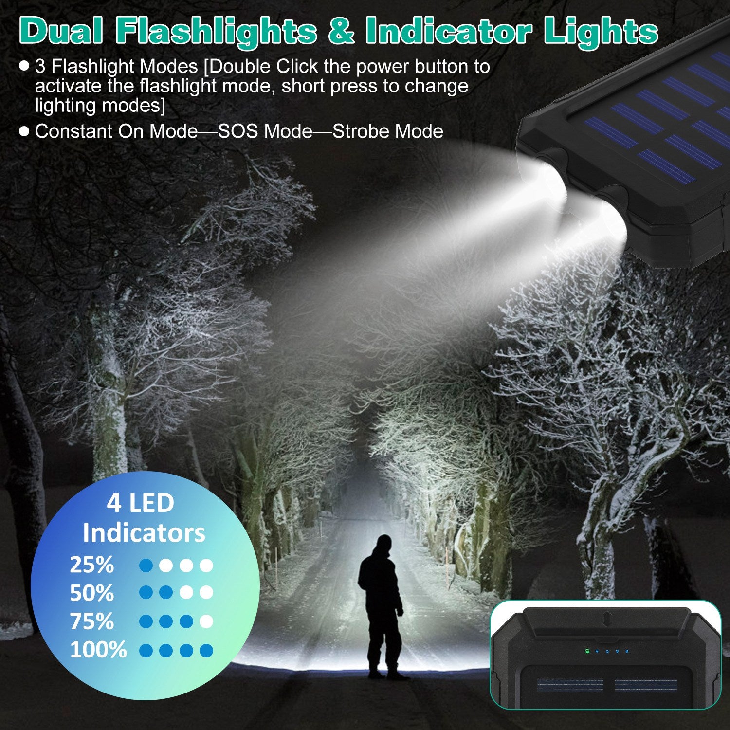 Solar Power Bank 10000mAh - Dual USB, SOS LED Flashlight & Compass