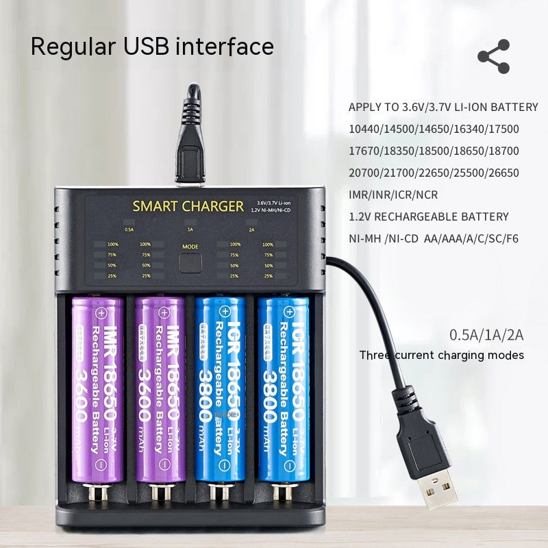 Universal Smart Battery Charger - 1/2/4 Slot USB, 18650 Li-ion & Ni-MH Compatible