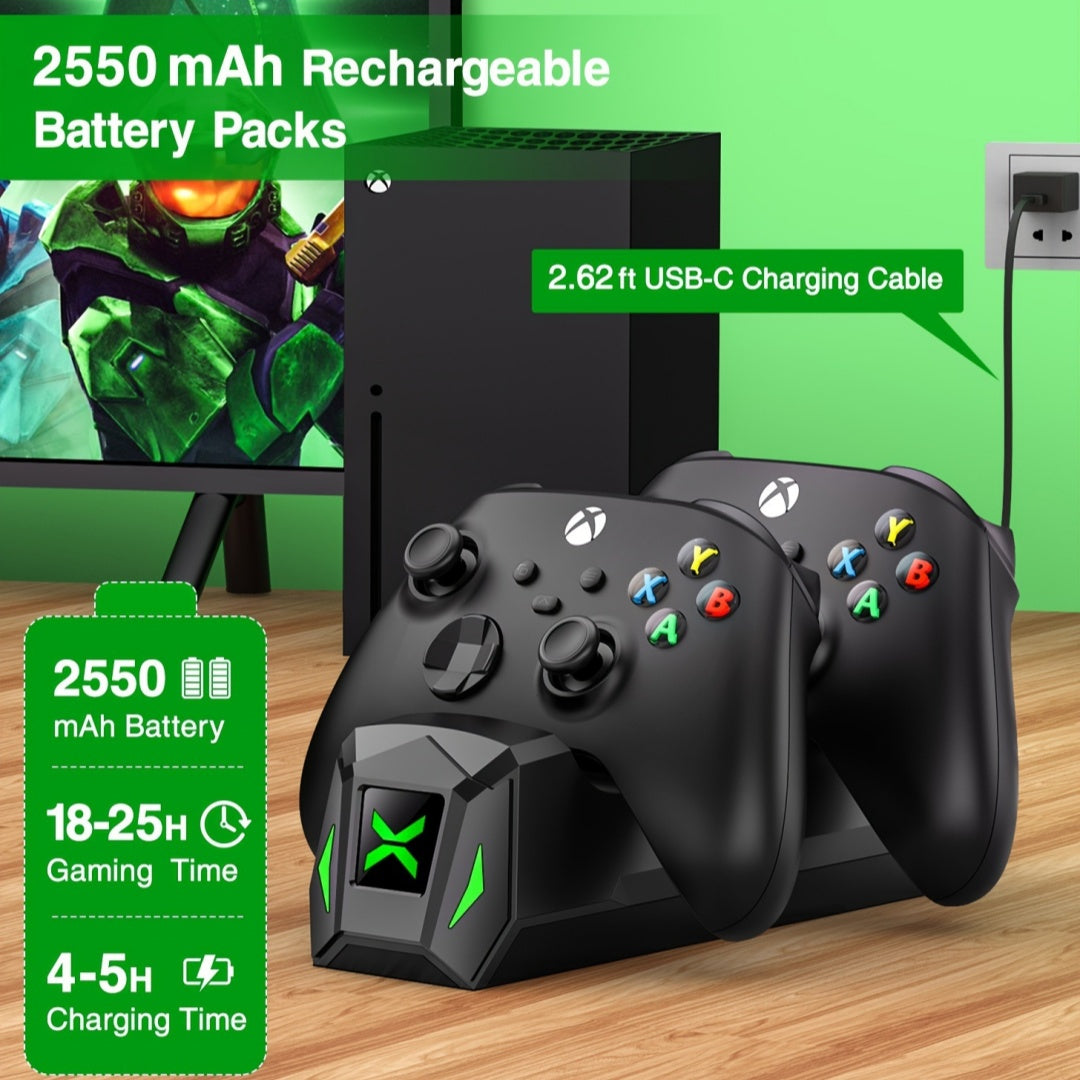 Controller Charging Station - 2x5520mWh Rechargeable Battery Pack, Compatible with Xbox, USB-C