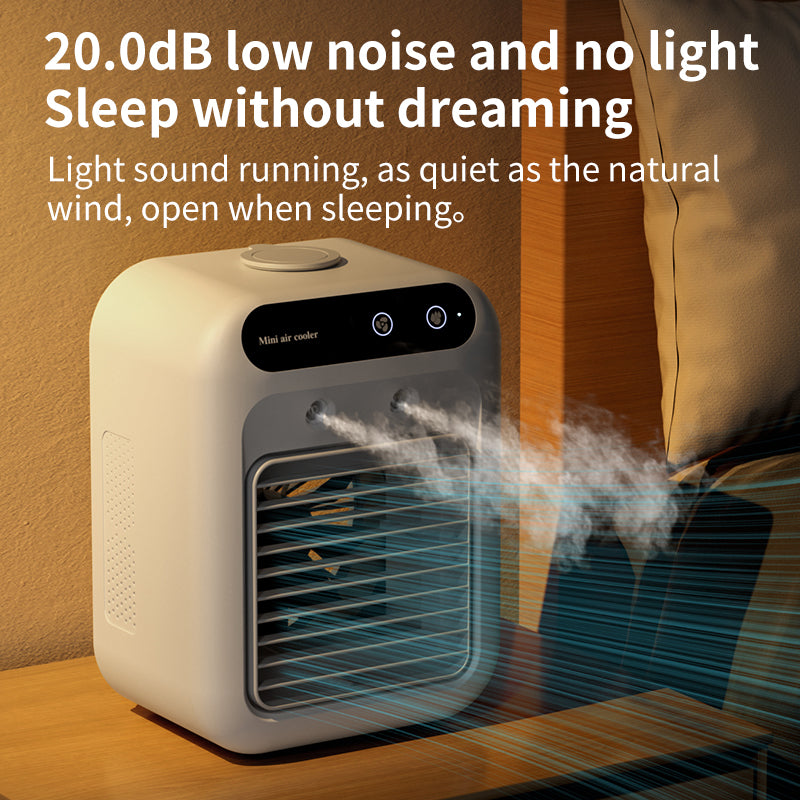 White air cooler on a wooden surface with text about low noise and light sleep mode.