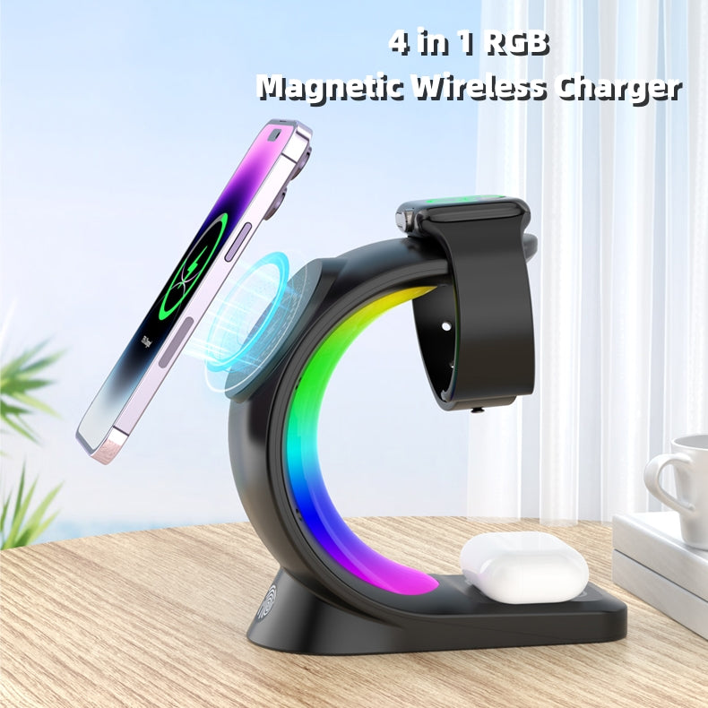 4-in-1 RGB magnetic wireless charger with smartphone, watch, and wireless earbuds on a wooden surface.
