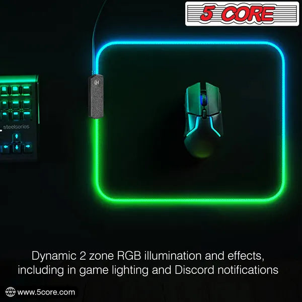 Gaming setup with dynamic 2 zone RGB illumination on a mouse pad, featuring the 5 Core brand.