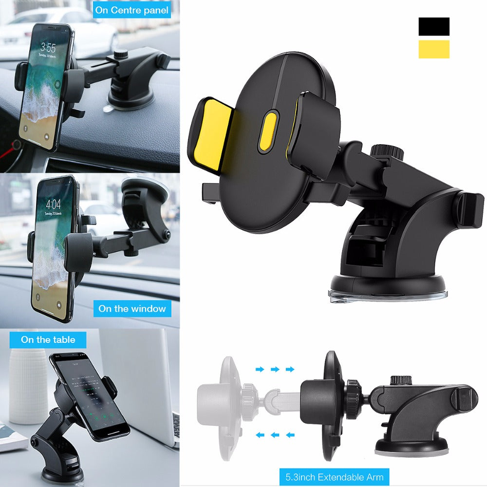 Car Phone Holder - Long Rod Telescopic Dashboard Suction Cup Mount, Universal Fit