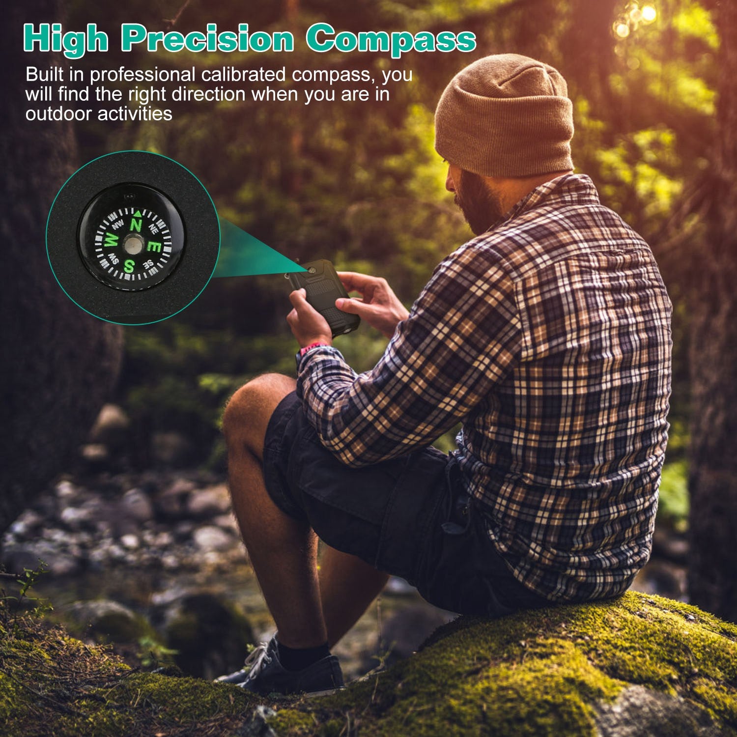 Solar Power Bank 10000mAh - Dual USB, SOS LED Flashlight & Compass