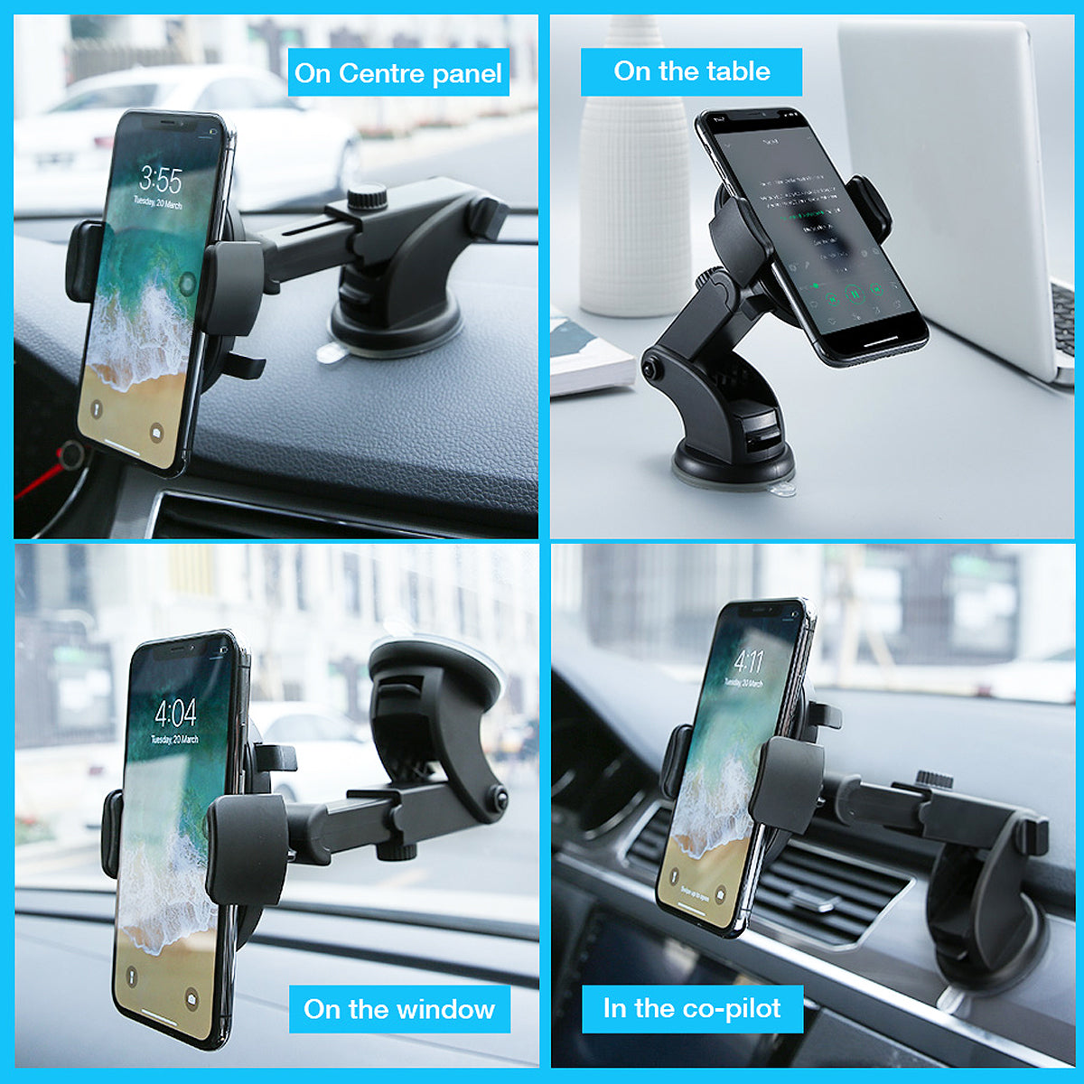 Car Phone Holder - Long Rod Telescopic Dashboard Suction Cup Mount, Universal Fit