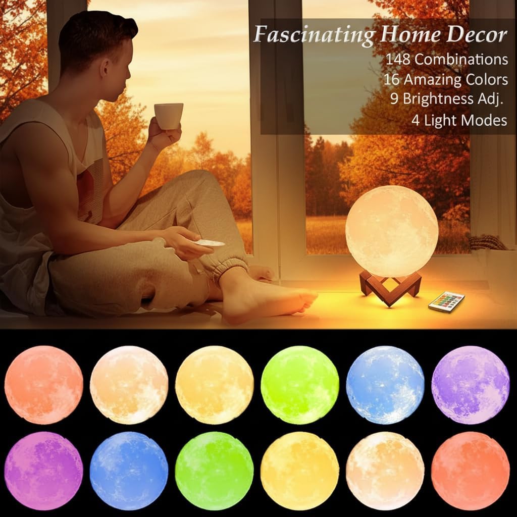 Moon Lamp with Stand & Remote – 16-Color LED Night Light, 3 Sizes
