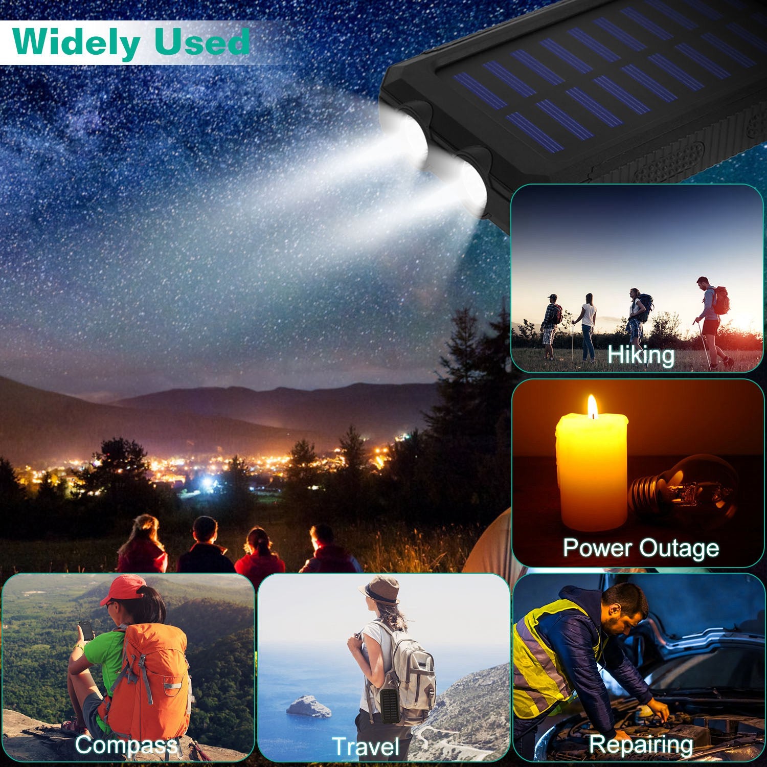 Solar Power Bank 10000mAh - Dual USB, SOS LED Flashlight & Compass