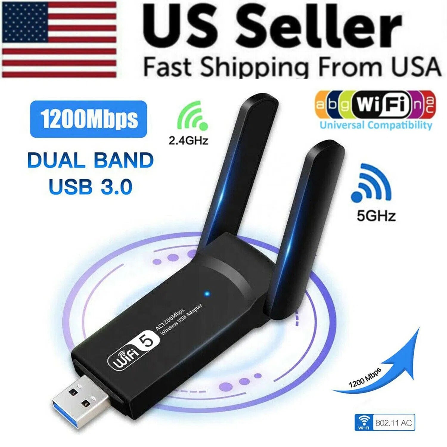 AC1200 USB WiFi Adapter | Dual Band 2.4G & 5GHz | Long Range | PC & Mac