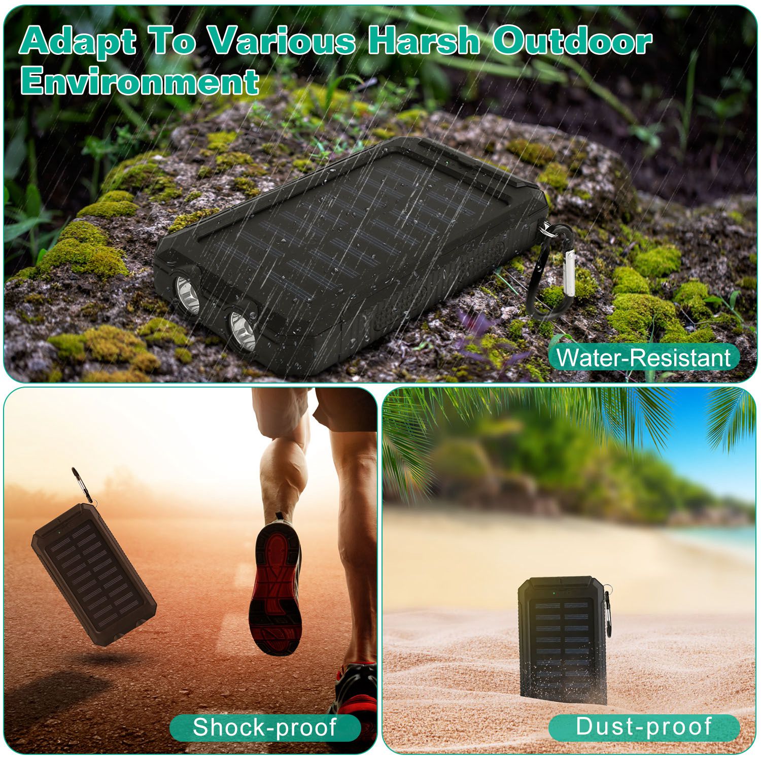 Solar Power Bank 10000mAh - Dual USB, SOS LED Flashlight & Compass
