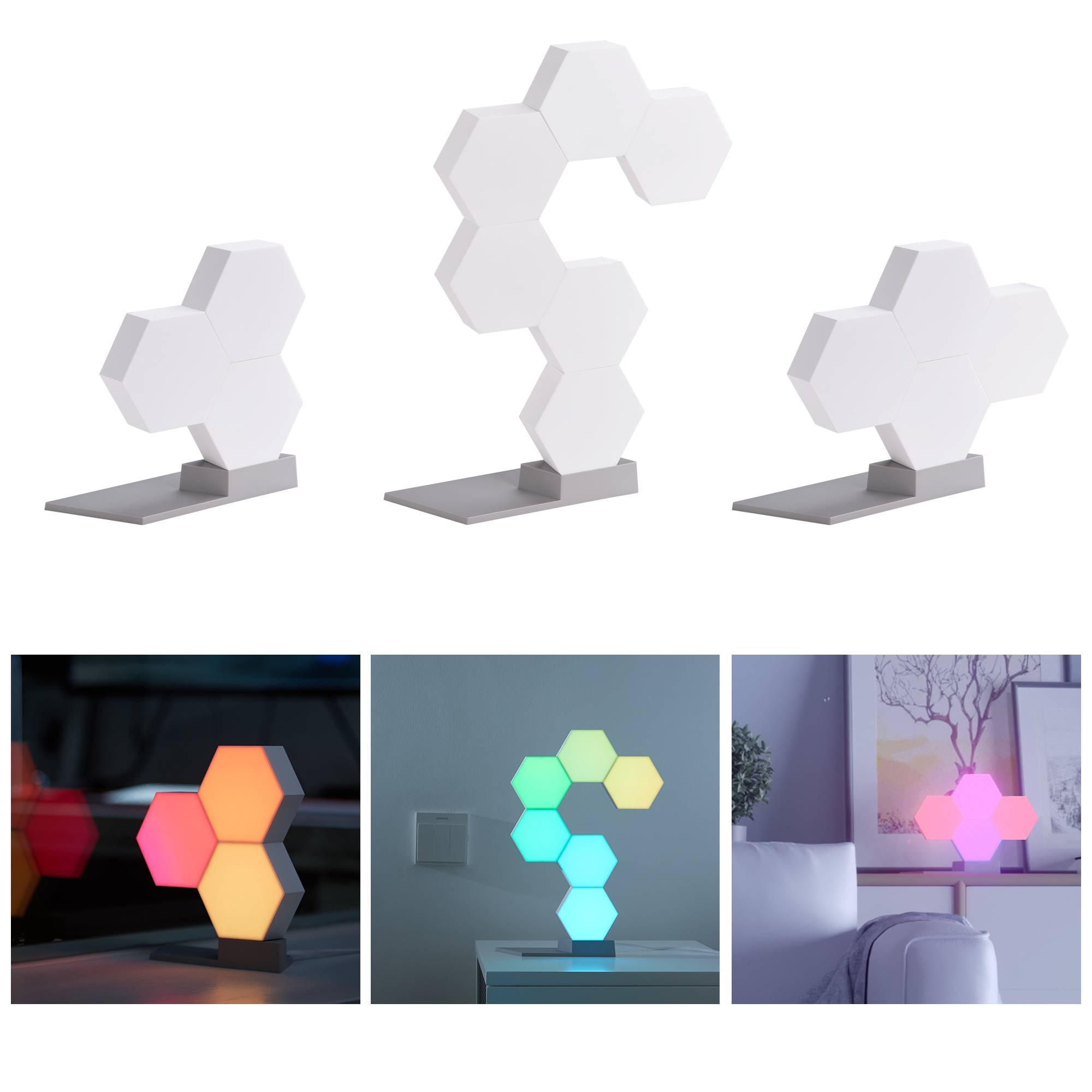 Geometric LED lamp with colorful hexagonal panels in various settings.