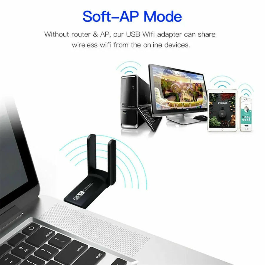 AC1200 USB WiFi Adapter | Dual Band 2.4G & 5GHz | Long Range | PC & Mac