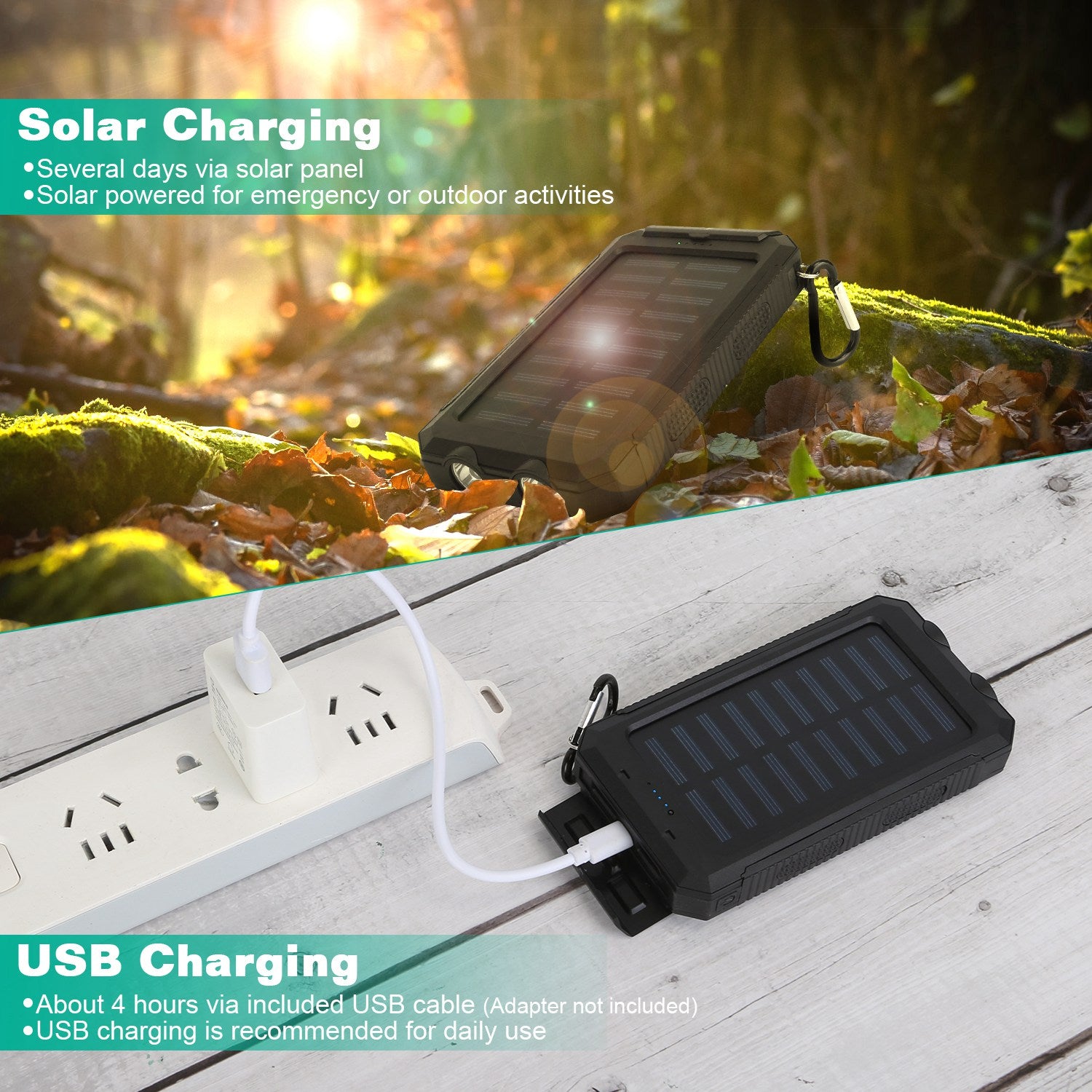 Solar Power Bank 10000mAh - Dual USB, SOS LED Flashlight & Compass