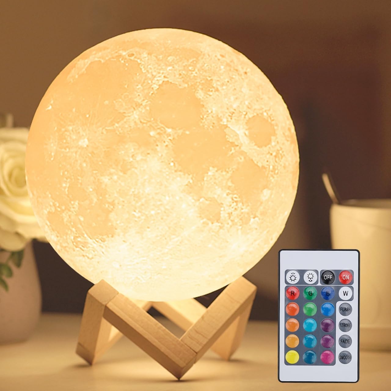Moon Lamp with Stand & Remote – 16-Color LED Night Light, 3 Sizes