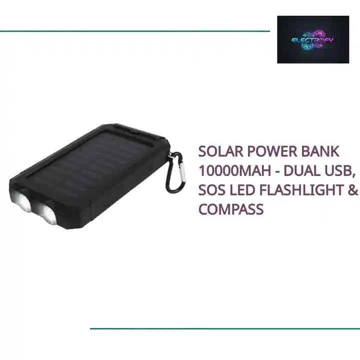 Solar Power Bank 10000mAh - Dual USB, SOS LED Flashlight & Compass by@Outfy
