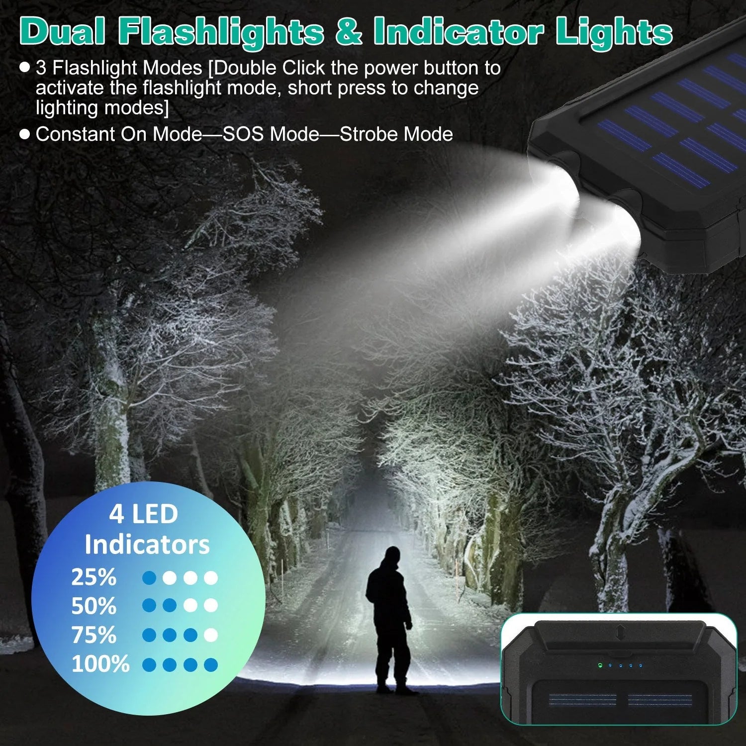 Solar Power Bank 10000mAh - Dual USB, SOS LED Flashlight & Compass