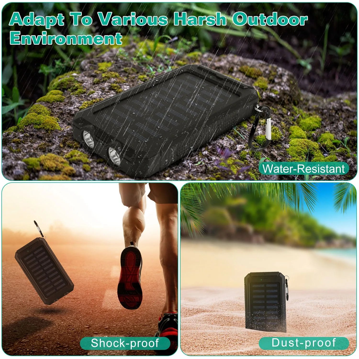 Solar Power Bank 10000mAh - Dual USB, SOS LED Flashlight & Compass