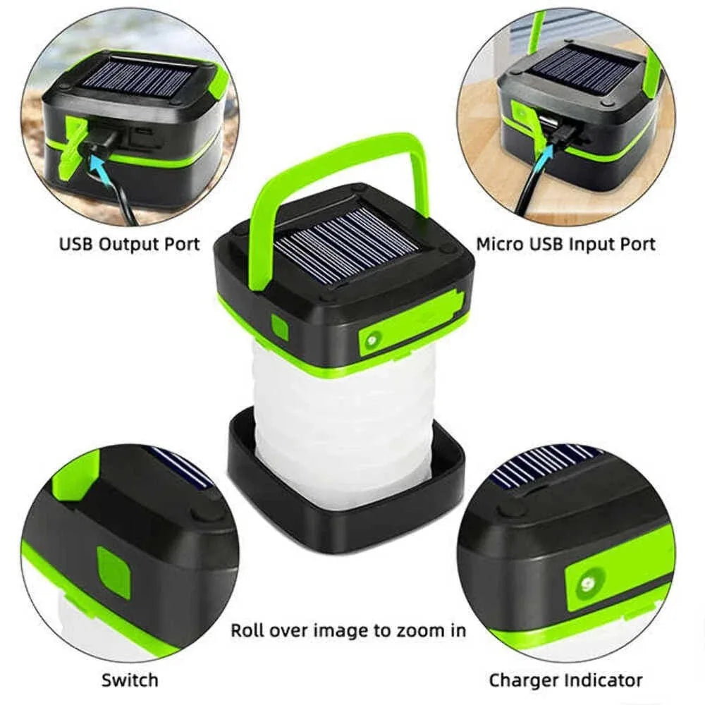 Solar Camping Lantern, Rechargeable, Foldable, Waterproof, 3 Mode LED Power Bank