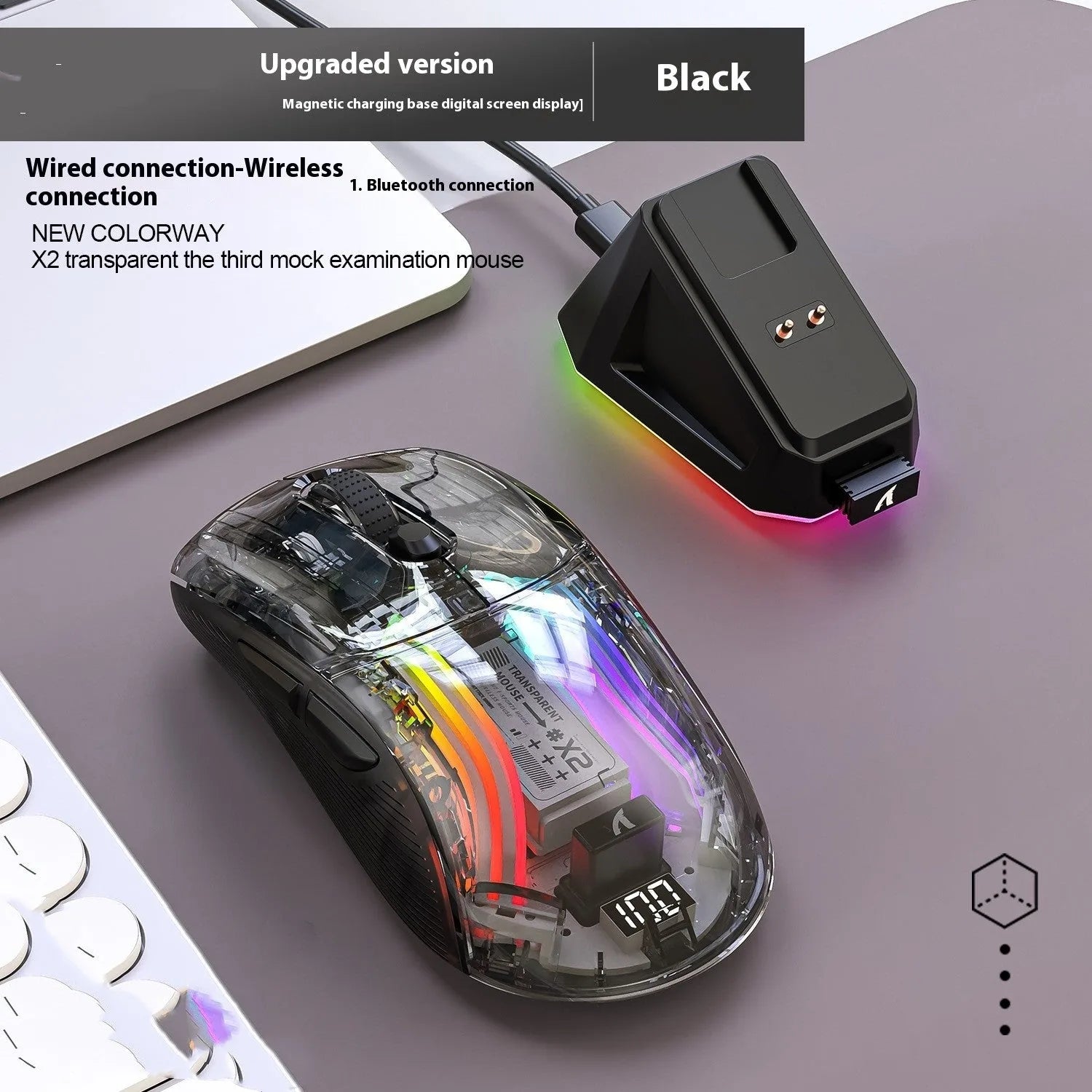 Wireless RGB Transparent Gaming Mouse with Battery Display | Bluetooth & 2.4G | 3-Mode