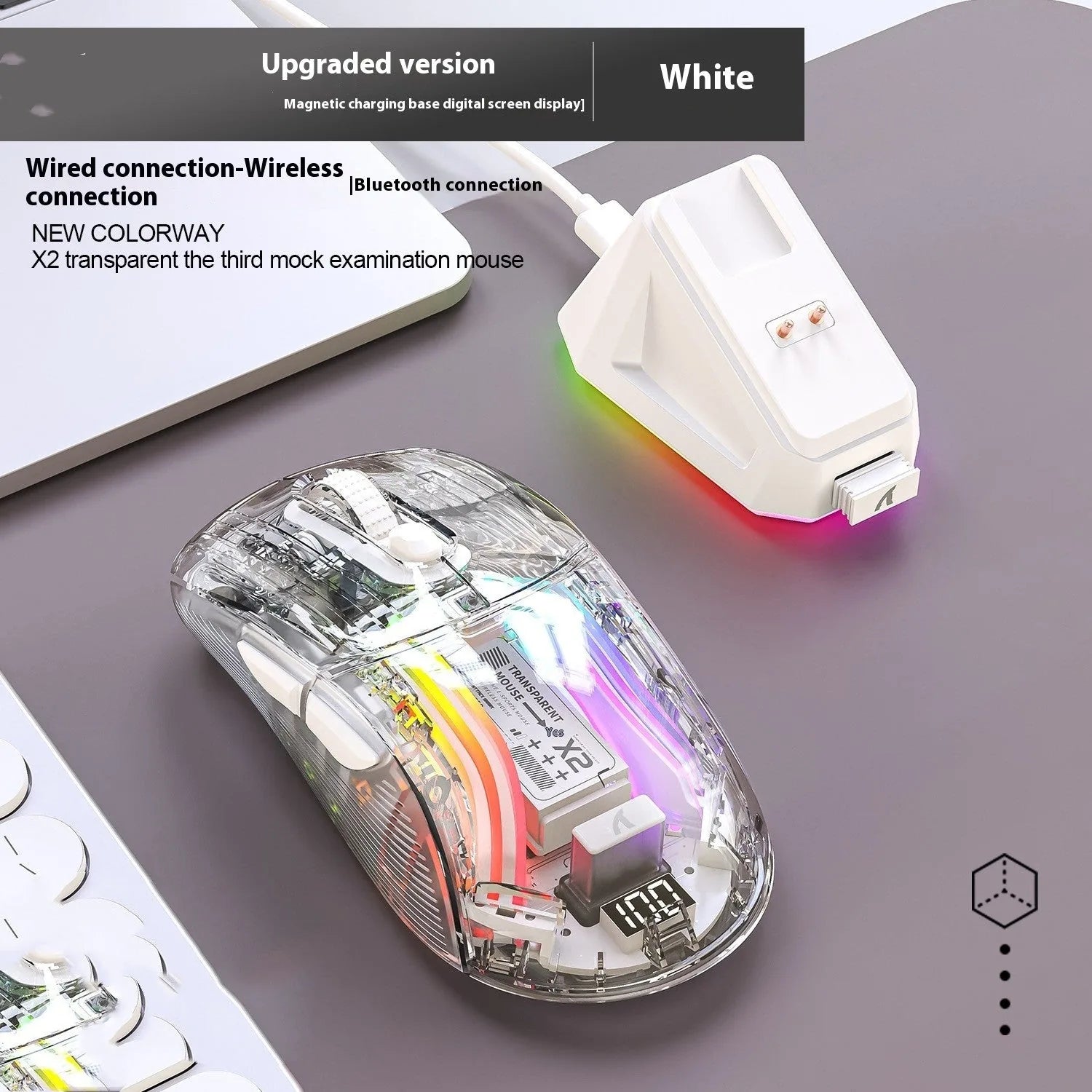 Wireless RGB Transparent Gaming Mouse with Battery Display | Bluetooth & 2.4G | 3-Mode