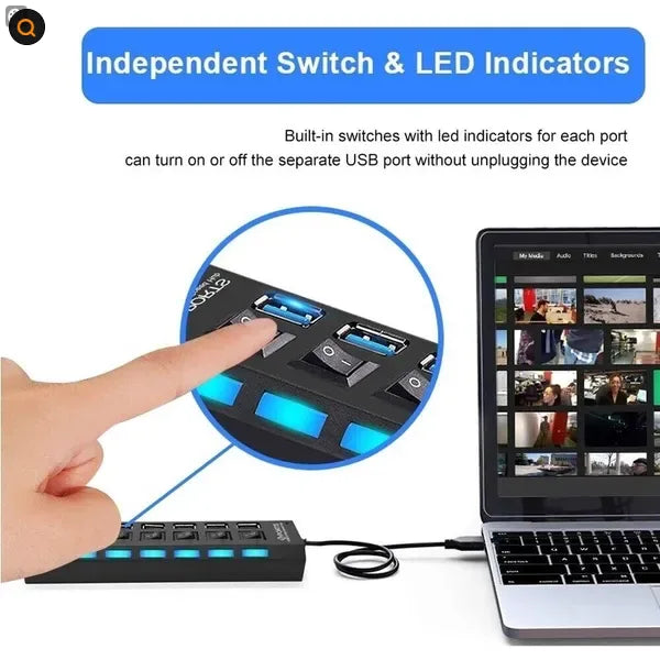 7-Port USB Hub | USB 2.0 & 3.0 | High-Speed Splitter for PC, Mac & Laptop