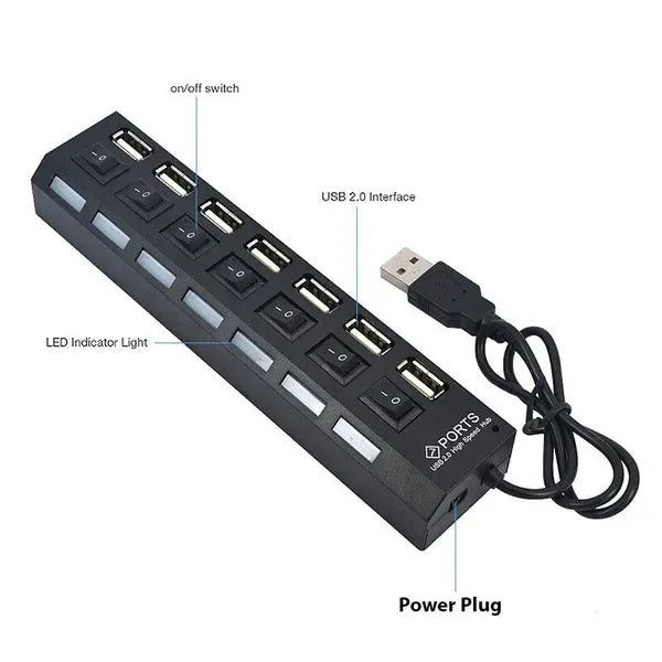7-Port USB Hub | USB 2.0 & 3.0 | High-Speed Splitter for PC, Mac & Laptop