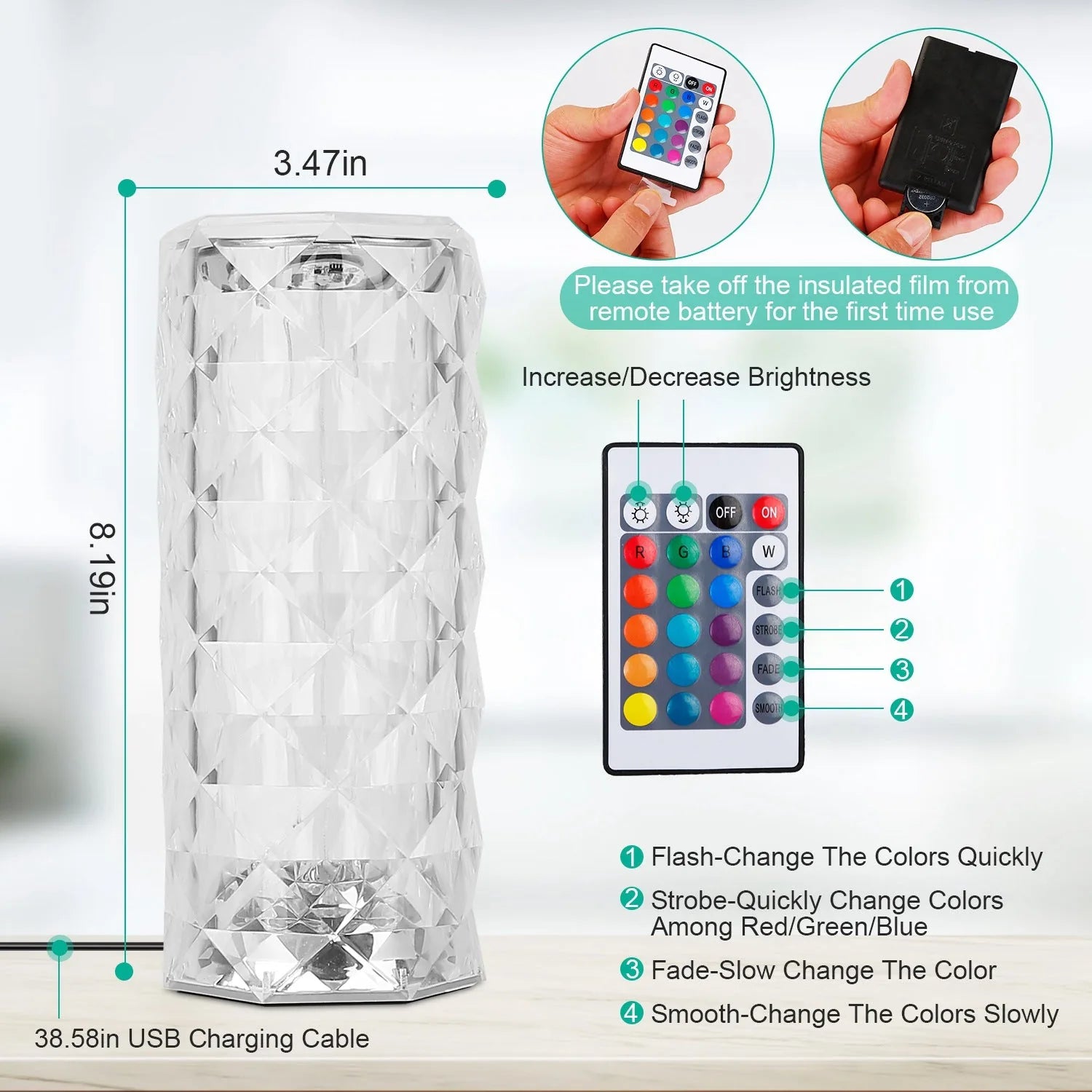 Crystal Diamond Table Lamp | 16-Color RGB | Touch & Remote Control | Rechargeable