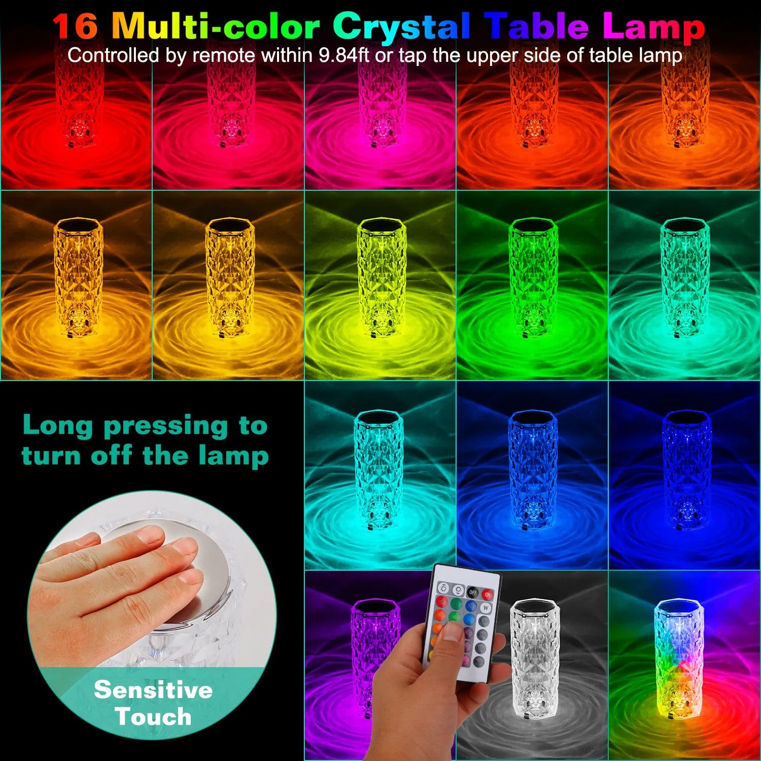 Crystal Diamond Table Lamp | 16-Color RGB | Touch & Remote Control | Rechargeable
