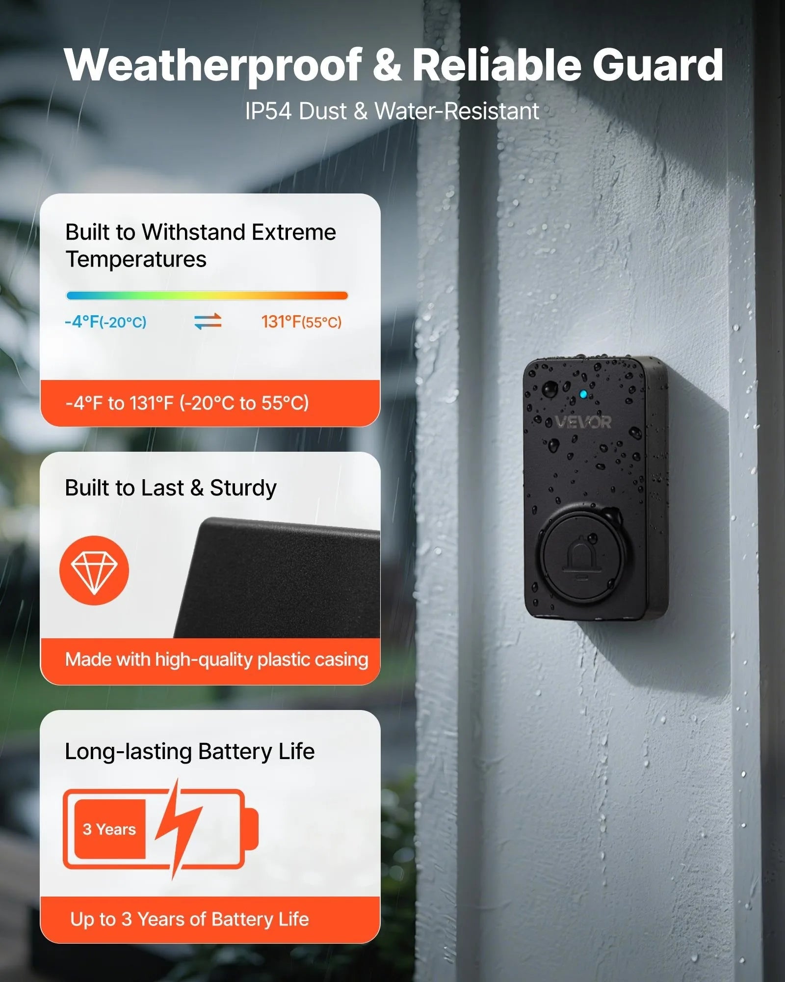 Wireless Doorbell Kit — IP54 Waterproof, 1000ft Range, 48 Ringtones, Black