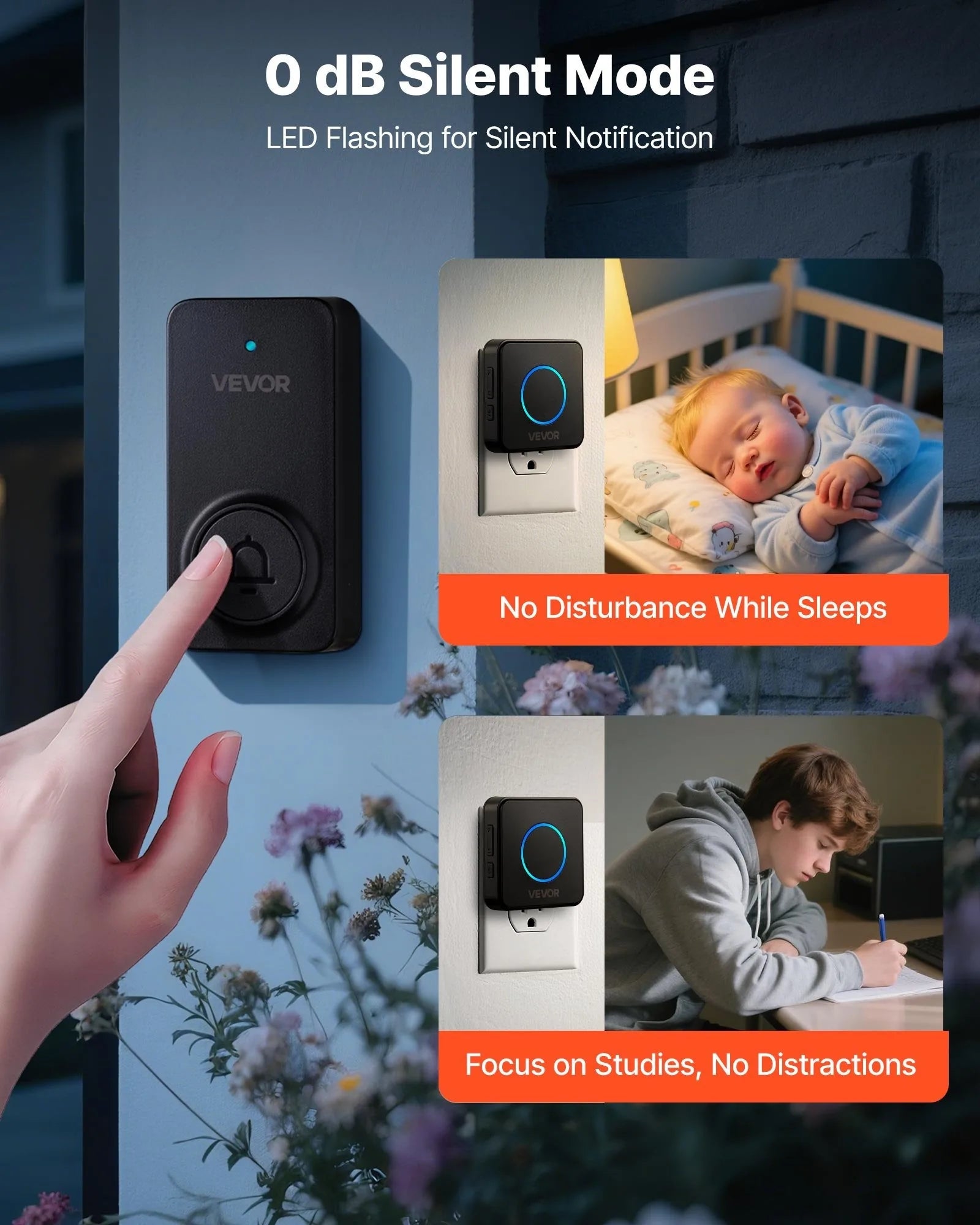 Wireless Doorbell Kit — IP54 Waterproof, 1000ft Range, 48 Ringtones, Black