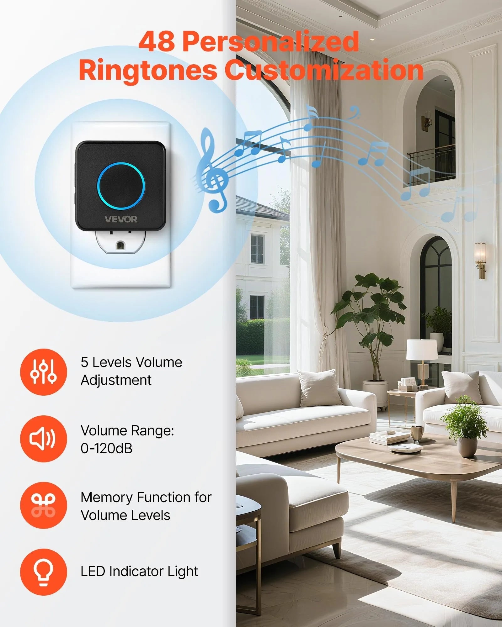 Wireless Doorbell Kit — IP54 Waterproof, 1000ft Range, 48 Ringtones, Black