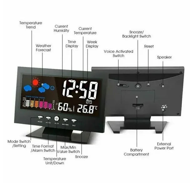 LED Digital Alarm Clock — Voice Control, Weather Station, Thermometer & Hygrometer