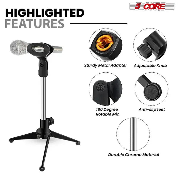 Desktop Microphone Stand — Adjustable Tripod, Heavy Duty, Foldable & Portable