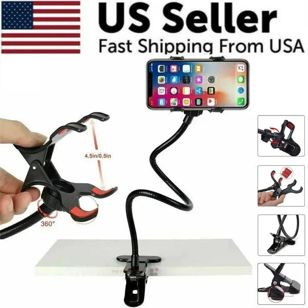Flexible Gooseneck Phone Stand — Lazy Holder Clip for Bed, Desk & Table