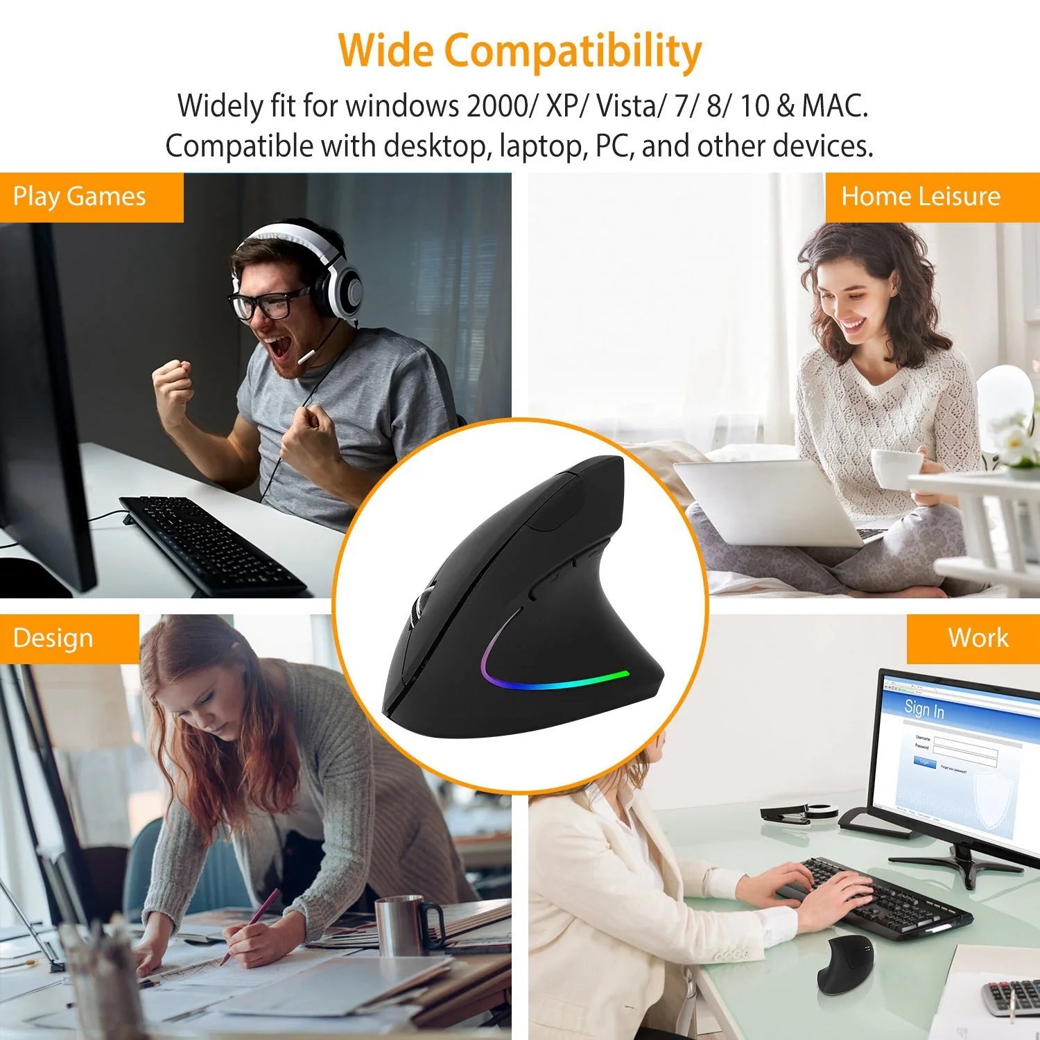 2.4G Wireless Vertical Ergonomic Mouse — RGB, 6 Buttons, Adjustable DPI
